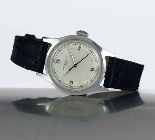 PATEK PHILIPPE. A FINE AND RARE STAINLESS STEEL WATER-RESISTANT WRISTWATCH WITH INDIRECT CENTER SECONDS