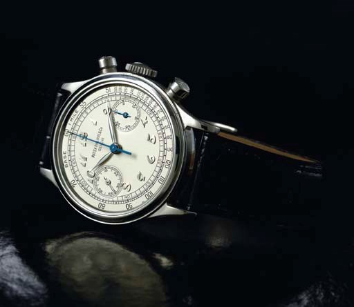 PATEK PHILIPPE. AN EXTREMLY FINE AND RARE STAINLESS STEEL WATER-RESISTANT CHRONOGRAPH WRISTWATCH WITH BREGUET NUMERALS
