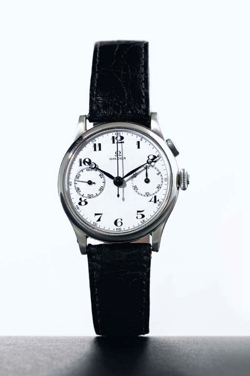 OMEGA. AN EARLY STAINLESS STEEL CHRONOGRAPH WRISTWATCH WITH ENAMEL DIAL