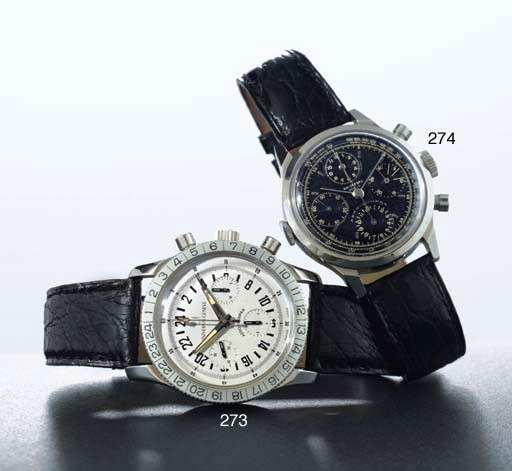 UNIVERSAL. AN UNUSUAL AND LARGE STAINLESS STEEL DUAL TIME ZONE CHRONOGRAPH WRISTWATCH WITH 24 HOURS