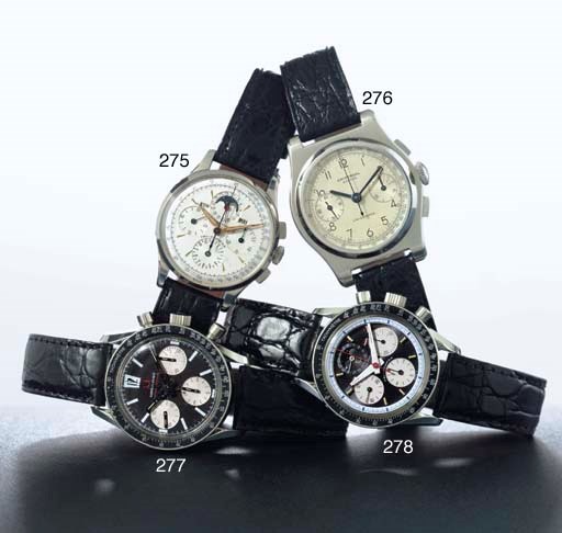 UNIVERSAL. A STAINLESS STEEL TRIPLE CALENDAR CHRONOGRAPH WRISTWATCH WITH MOON PHASES