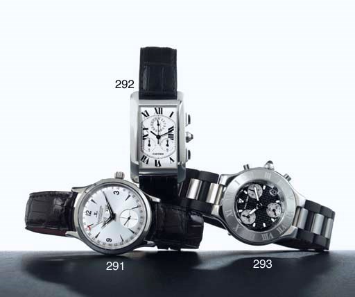 CARTIER. AN 18K WHITE GOLD RECTANGULAR CHRONOGRAPH WRISTWATCH WITH DATE