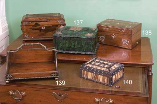 A VICTORIAN BRASS-MOUNTED FAUX MALACHITE SEWING BOX