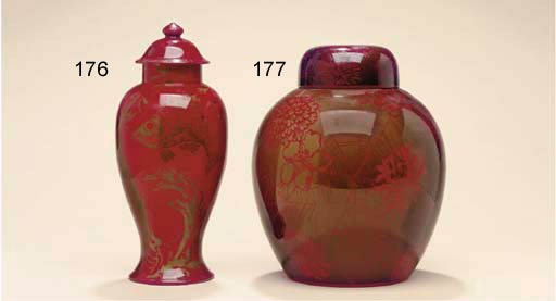 A BERNARD MOORE FLAMBE POTTERY GINGER JAR AND COVER