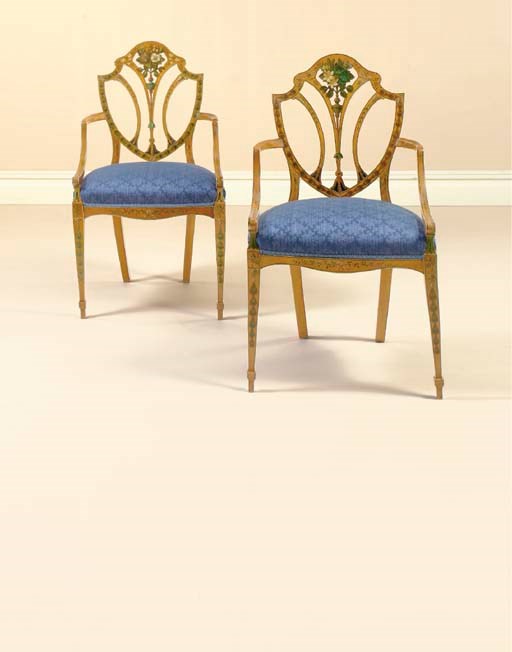 A PAIR OF GEORGE III POLYCHROME-DECORATED SATINWOOD ARMCHAIRS