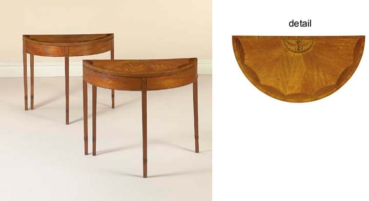 A PAIR OF GEORGE III EBONY-INLAID SATINWOOD, MAHOGANY AND MARQUETRY CARD TABLES