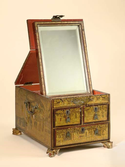 A CHINESE EXPORT BLACK AND GILT-LACQUER DRESSING-BOX