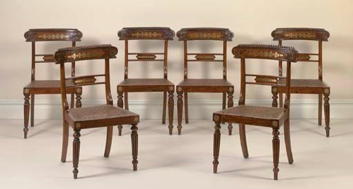 A SET OF SIX REGENCY BRASS-INLAID FAUX ROSEWOOD SIDE CHAIRS