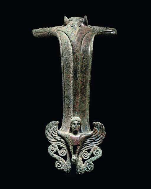 A GREEK BRONZE HANDLE AND FRAGMENTARY OLPE