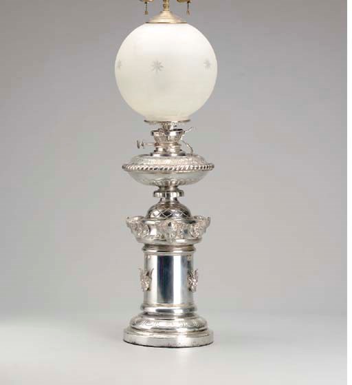 A PAIR OF SILVERED-METAL AND FROSTED-GLASS OIL LANTERNS,