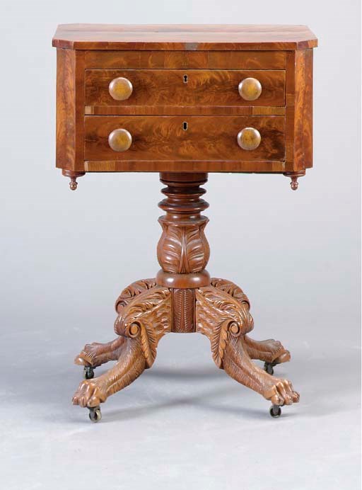 AN AMERCIAN CLASSICAL MAGHOGANY CARVED WORK TABLE,