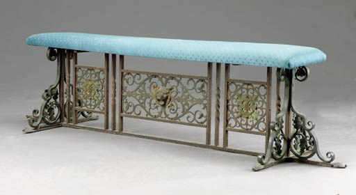 A WROUGHT IRON FIREPLACE BENCH,