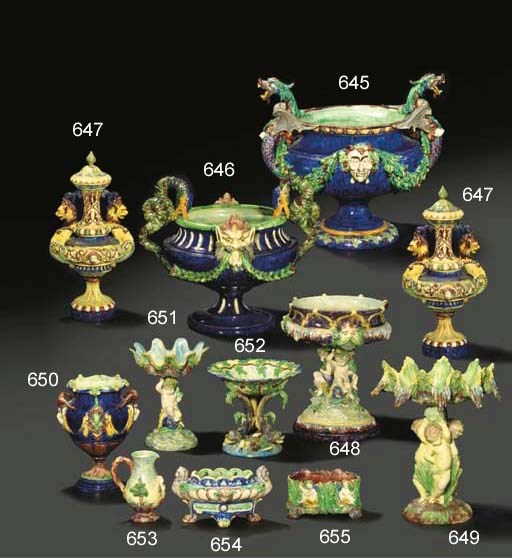 COUPE SUR PIEDOUCHE EN BARBOTINE DANS LE GOUT DE PALISSY DU XIXEME SIECLE, PROBABLEMENT FRANCE
