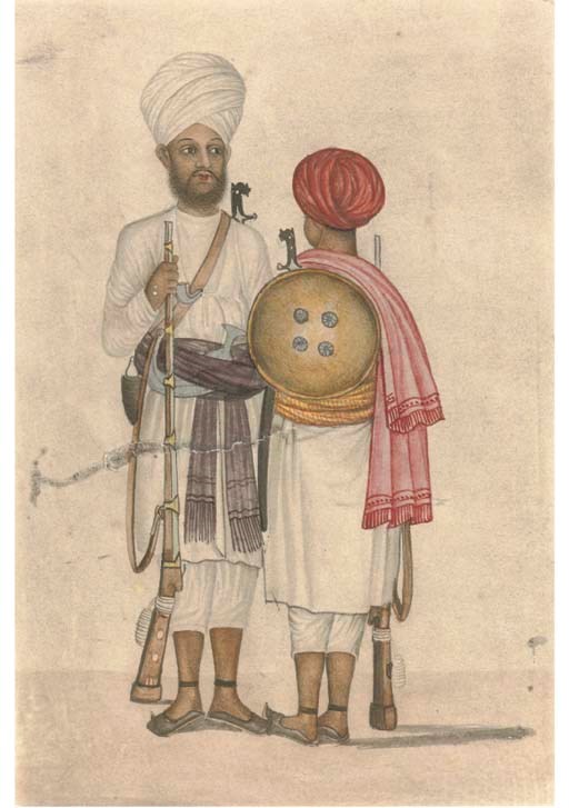 TWO SOLDIERS, COMPANY SCHOOL, INDIA, EARLY 19TH CENTURY
