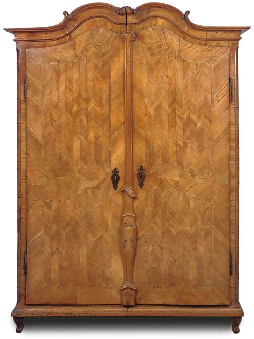 A SOUTH GERMAN FRUITWOOD AND PARQUETRY ARMOIRE