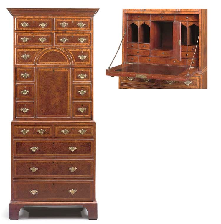 A GEORGE II BURR-YEW, YEWWOOD AND PADOUK SECRETAIRE-CHEST-ON-CHEST