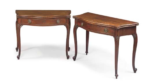 A PAIR OF GEORGE III MAHOGANY SERPENTINE CARD AND TEA-TABLES