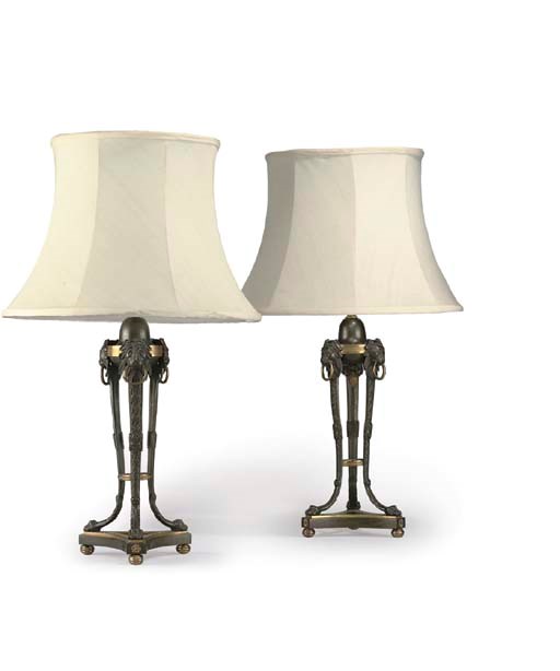 A PAIR OF WILLIAM IV BRONZE AND ORMOLU TRIPOD LAMPS