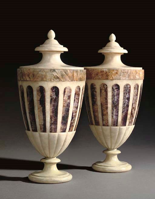 A PAIR OF VICTORIAN ALABASTER, FLUORITE AND BLUEJOHN VASES