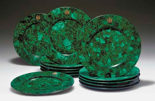 TWELVE MALACHITE AND SILVER-GILT CHARGERS
