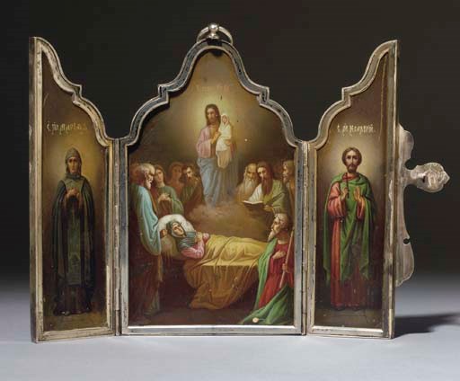 A SILVER-GILT-MOUNTED TRAVELING TRIPTYCH ICON