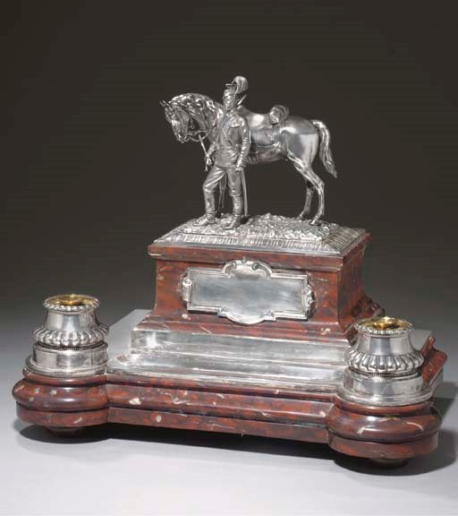 A SILVER-MOUNTED HARDSTONE INKWELL