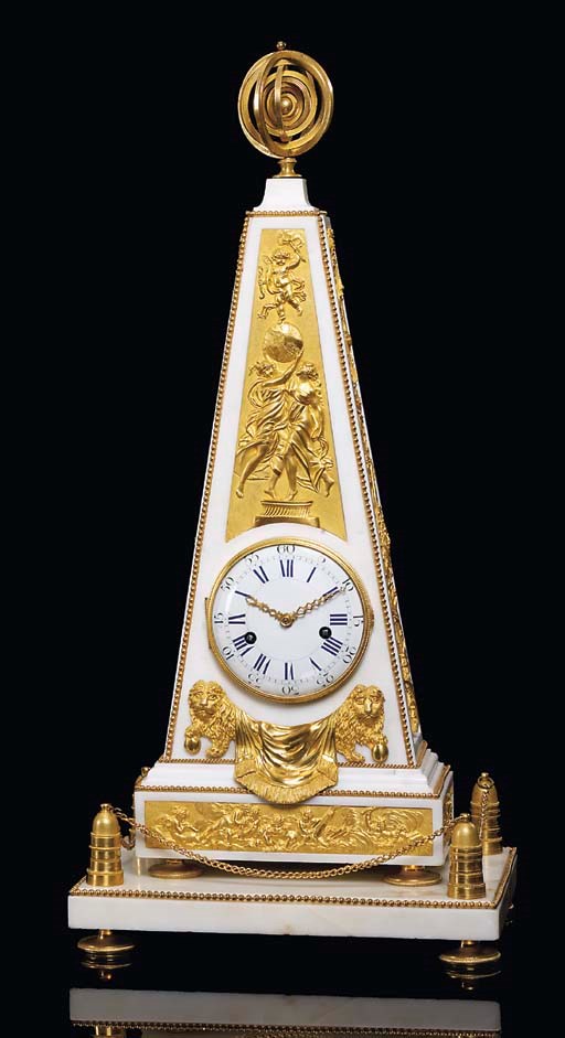 A LOUIS XVI ORMOLU-MOUNTED WHITE MARBLE MANTEL CLOCK