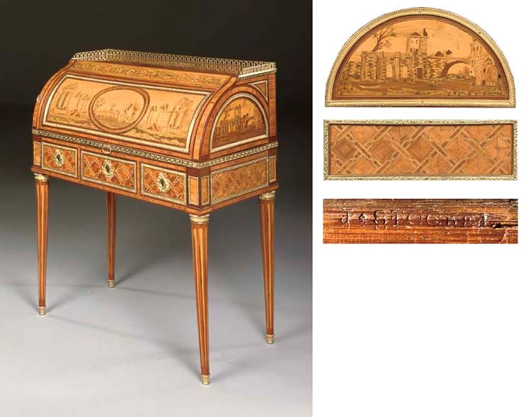 A LOUIS XVI ORMOLU-MOUNTED TULIPWOOD, AMARANTH, PARQUETRY AND MARQUETRY BUREAU A CYLINDRE