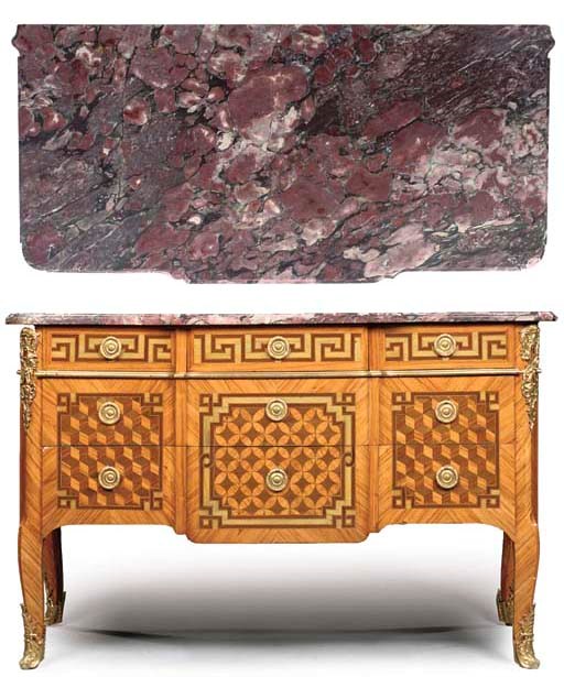 A LATE LOUIS XV ORMOLU-MOUNTED TULIPWOOD, AMARANTH AND PARQUETRY COMMODE
