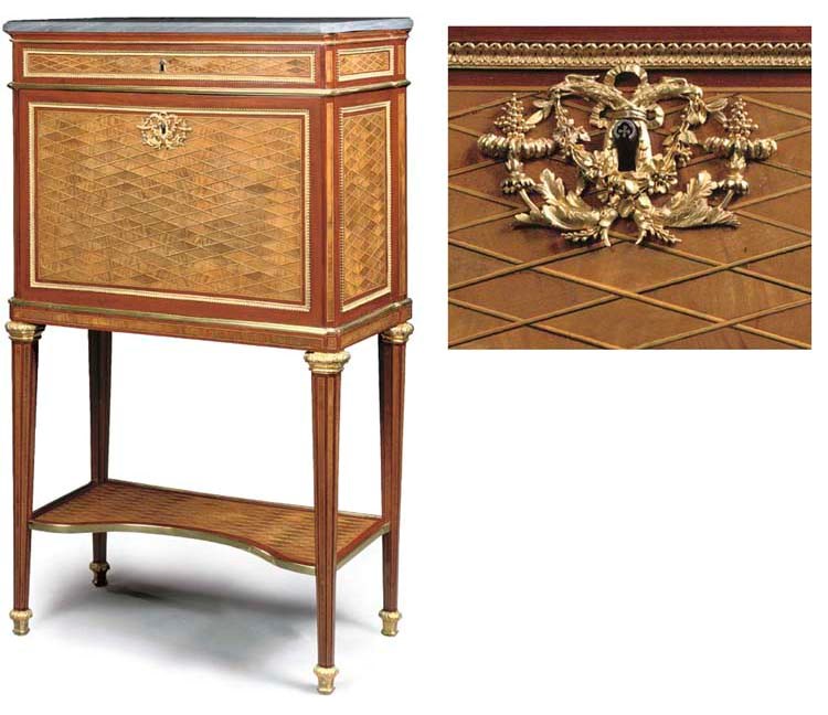 A LOUIS XVI ORMOLU-MOUNTED MAHOGANY, SYCAMORE AND PARQUETRY SECRETAIRE A ABATTANT ON STAND