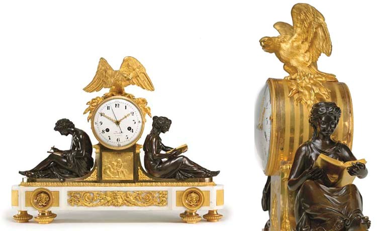 A LOUIS XVI ORMOLU, PATINATED-BRONZE AND WHITE MARBLE MANTEL CLOCK