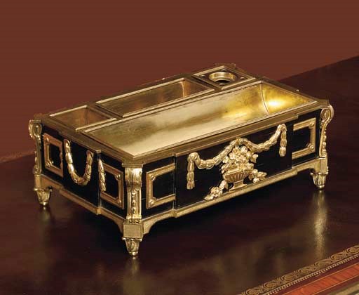 A LATE LOUIS XV ORMOLU-MOUNTED EBONY INKSTAND