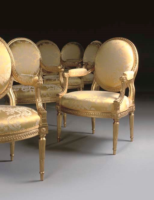 A SET OF SIX LOUIS XVI GILTWOOD FAUTEUILS
