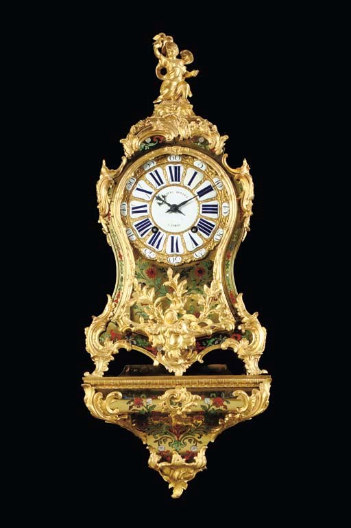 A LOUIS XV ORMOLU-MOUNTED STAINED-HORN AND MOTHER-OF-PEARL INLAID BRASS AND EBONY BOULLE MARQUETRY BRACKET CLOCK