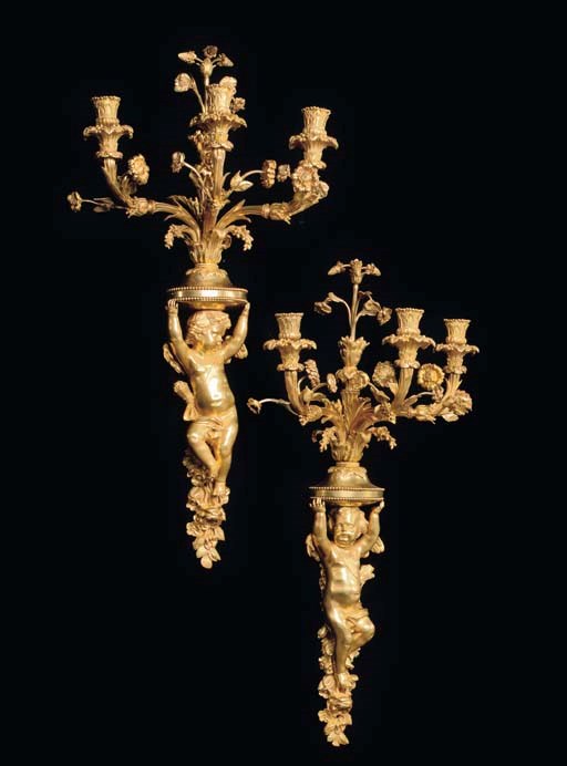 A PAIR OF FRENCH ORMOLU THREE-BRANCH WALL-LIGHTS