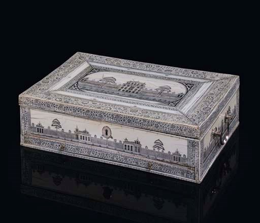 AN ANGLO-INDIAN WHITE METAL-MOUNTED ENGRAVED IVORY DRESSING BOX**