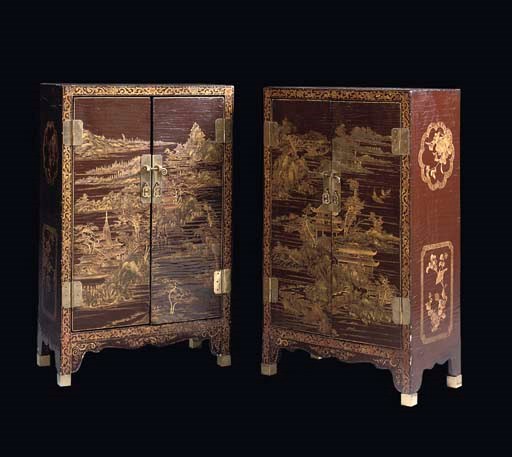 A PAIR OF CHINESE AUBERGINE AND GOLD LACQUER CABINETS