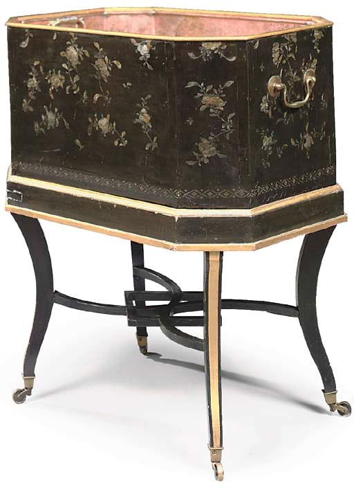 A CHINESE EXPORT LAC BURGAUTE JARDINIERE ON REGENCY BLACK-PAINTED AND PARCEL-GILT STAND