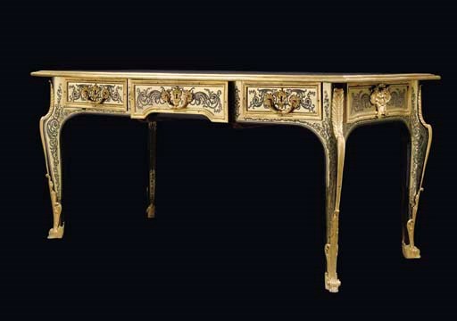 A FRENCH ORMOLU-MOUNTED TORTOISESHELL-INLAID BRASS AND EBONY BOULLE MARQUETRY BUREAU PLAT**