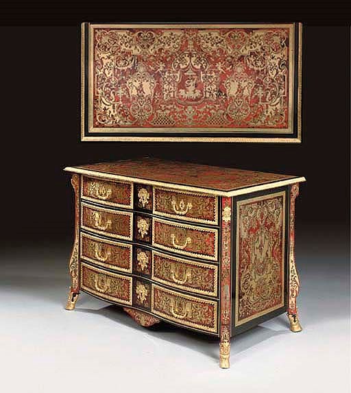 A LOUIS XIV ORMOLU-MOUNTED BRASS-INLAID TORTOISESHELL AND EBONY BOULLE MARQUETRY COMMODE**