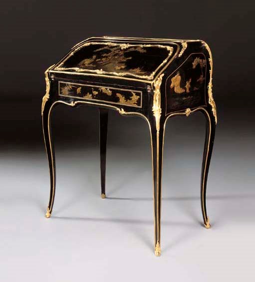 A LOUIS XV ORMOLU-MOUNTED JAPANESE BLACK AND GOLD LACQUER AND JAPANNED BUREAU EN PENTE