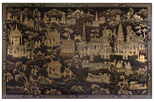 A CHINESE BLACK AND GOLD LACQUER PANEL