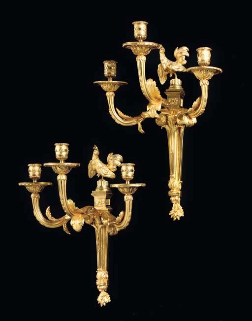 A PAIR OF FRENCH ORMOLU THREE-BRANCH WALL-LIGHTS