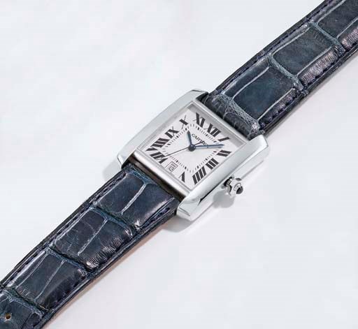 Cartier. A fine 18K white gold square self-winding wristwatch with sweep centre seconds and date