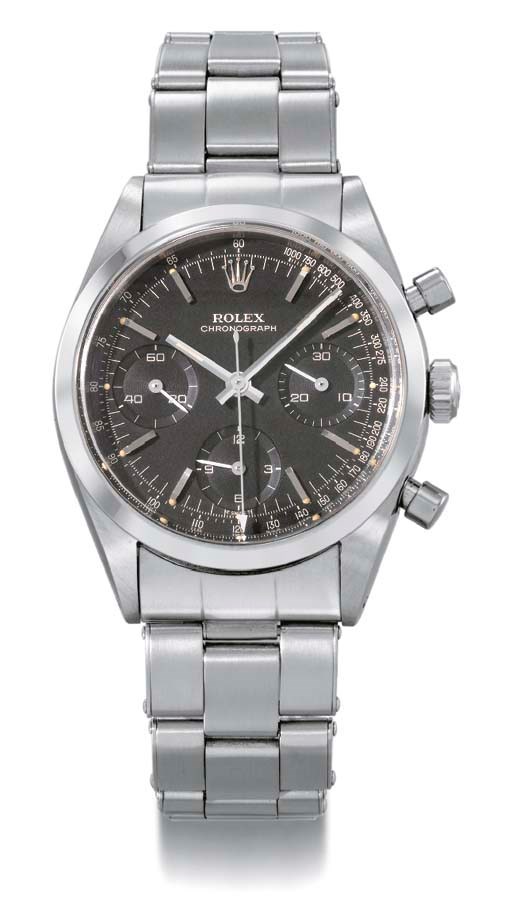 Rolex. An extremely fine and rare stainless steel chronograph wristwatch with bracelet and black dial