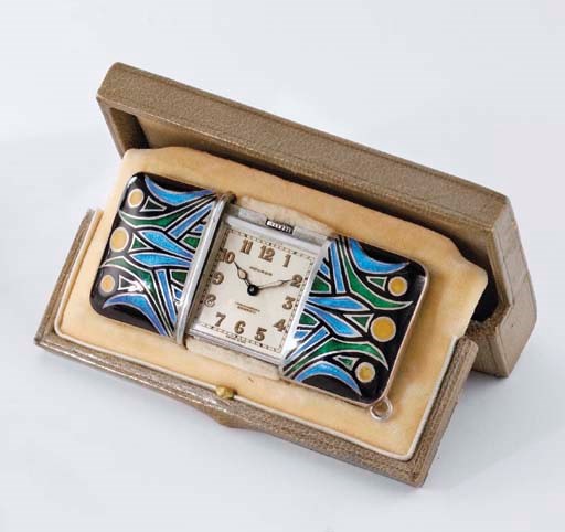 Movado. A very fine and rare silver and enamel Ermeto purse watch with box