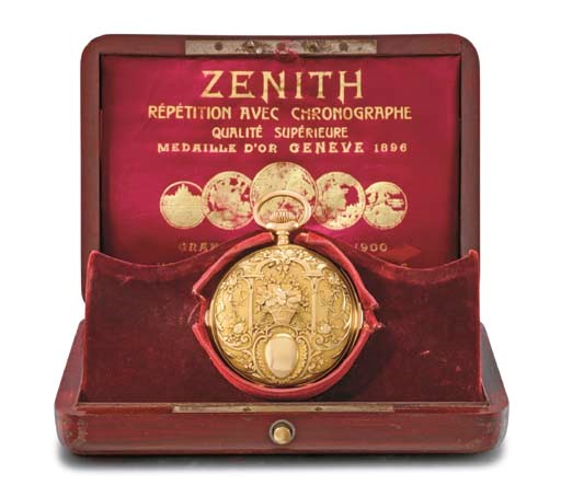 Zenith. A fine and heavy 18K gold hunter case minute repeating chronograph keyless lever watch, made for the South American market, with wooden presentation box