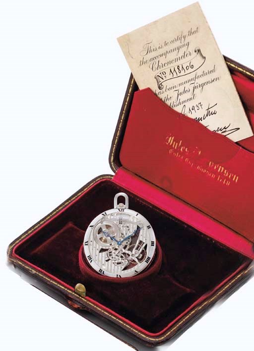 Jules Jürgensen. A fine 18K white gold skeletonized openface keyless lever dress watch with original certificate and box