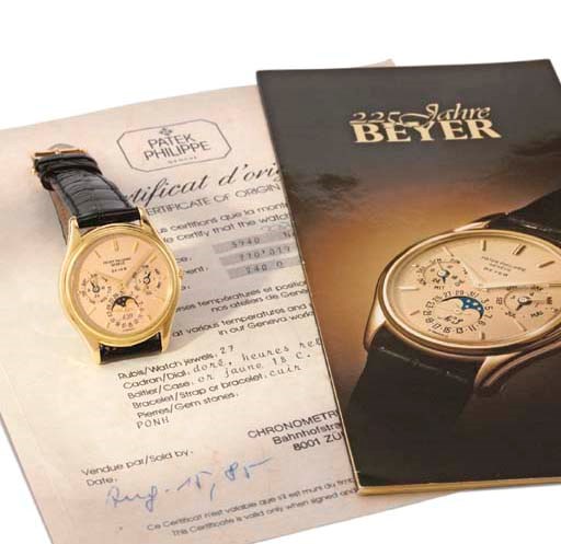 Patek Philippe. A very fine and rare 18K gold limited edition self-winding perpetual calendar wristwatch with phases of the moon