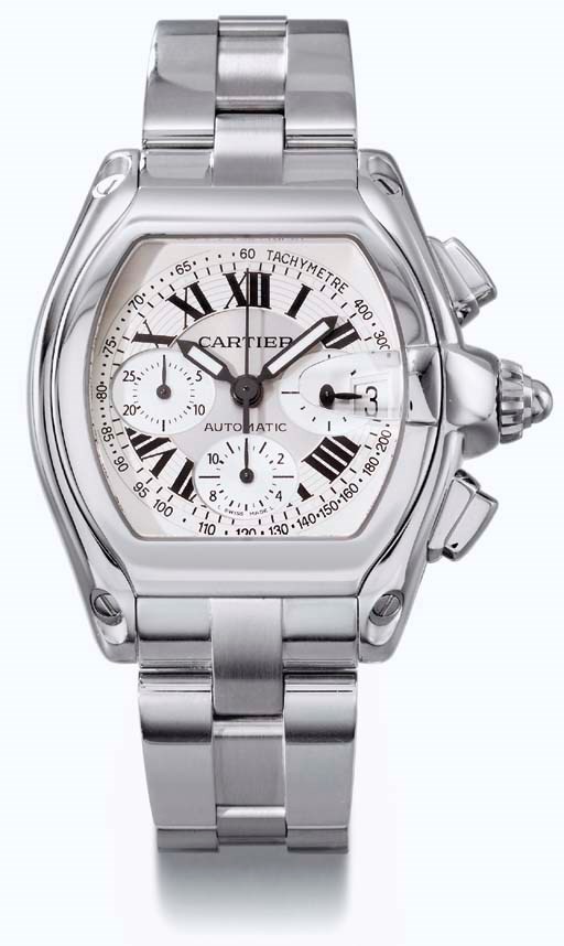 Cartier. A large stainless steel tonneau-shaped self-winding chronograph wristwatch with date and bracelet
